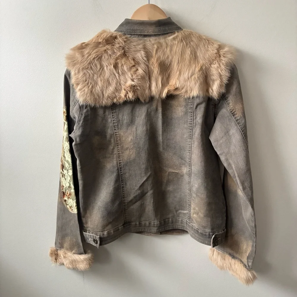 Hazel Button Up Jacket with Real Fur and Green Lace Detailing